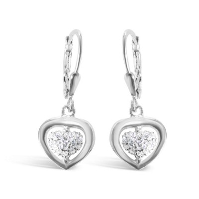 Sterling Silver Earring Heart Center Pave Clear Cubic Zirconia Lever Back