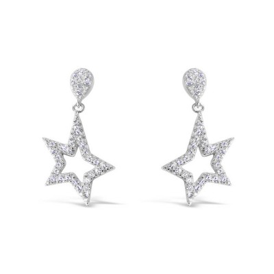 Sterling Silver Earring Star Dangling Clear Cubic Zirconia Line Tear Drop P