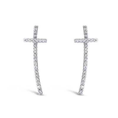 Sterling Silver Earring Post Long Cross Clear Cubic Zirconia