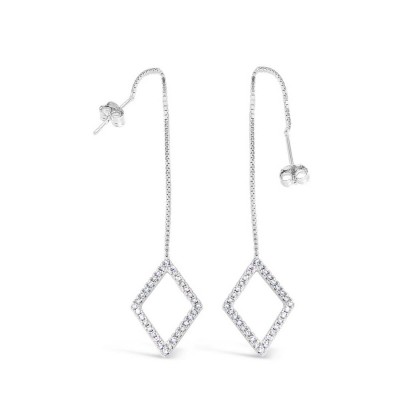 Sterling Silver Earring Long Drop Diamond Clear Cubic Zirconia Line With Champagne