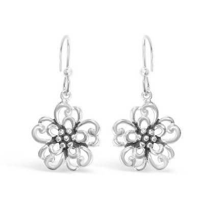 Sterling Silver Earring Oxidized 5 Petals Flower Fish Wire-Rhod