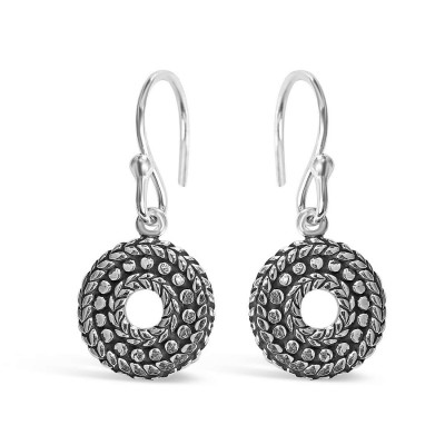 Sterling Silver Earring Round Circle Rope Line Oxidized Fish Wi