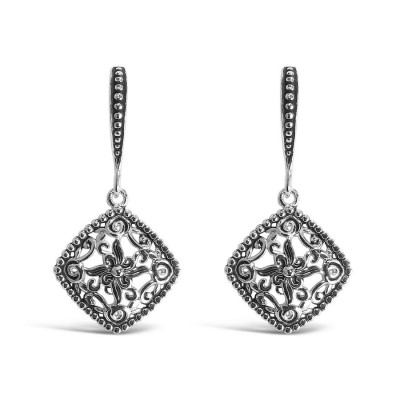 Sterling Silver Earring Square Filigree Rope Side Oxidized-Rhod