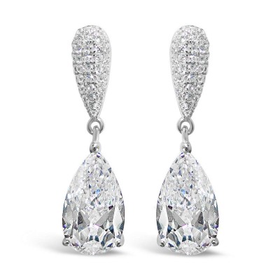 Sterling Silver Earring Tear Drop Pave Top Tear Drop Clear Cubic Zirconia D