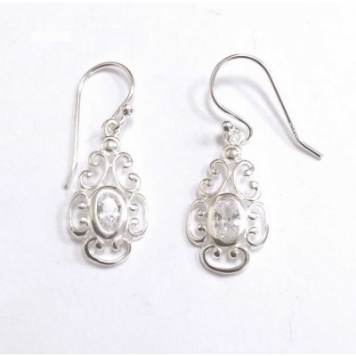 Sterling Silver Earring Clear Cubic Zirconia Oval Wavy Lines Around-Ecoat