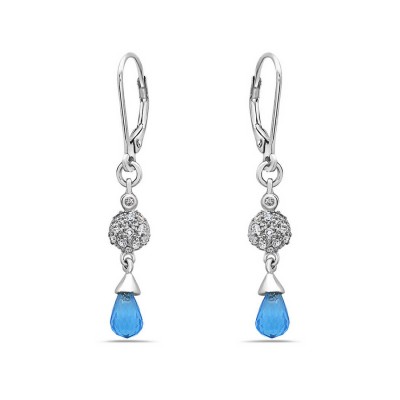 Sterling Silver Earring Aqua Blue Glass Briolette With Clear C