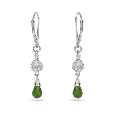 Sterling Silver Earring Peridot Glass Briolette With Clear Cubic Zirconia P
