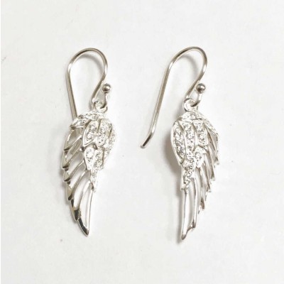 Sterling Silver Earring Angel Wing With Clear Cubic Zirconia Pave-Ecoat