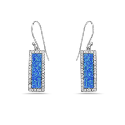 Sterling Silver Earring Long Panel Blue Synthetic Opal Clear Cubic Zirconia