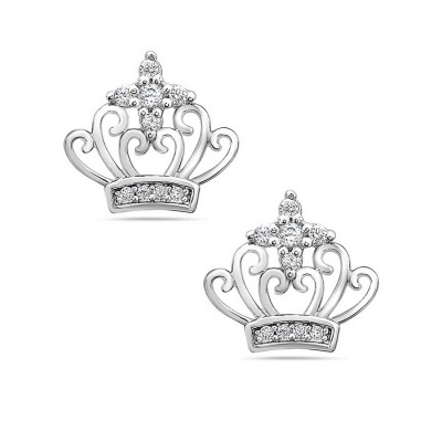 Sterling Silver Earring Stud Crown Clear Cubic Zirconia Top