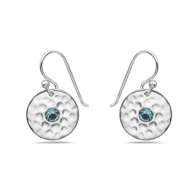 Sterling Silver Earring Round Hammer Center 1 Pc Of Aqua Blue C