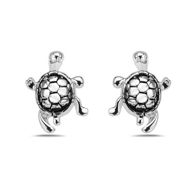 Sterling Silver Earring Stud Tiny Sea Turtle Oxidized Body