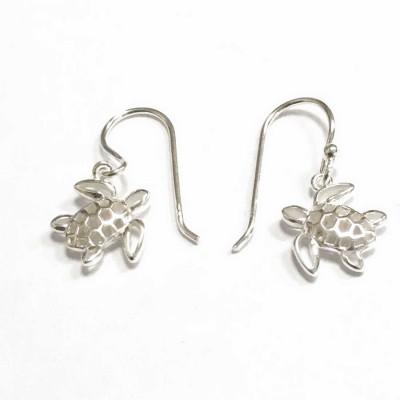 Sterling Silver Earring Slanting Sea Turtle Honeycomb Body Dang