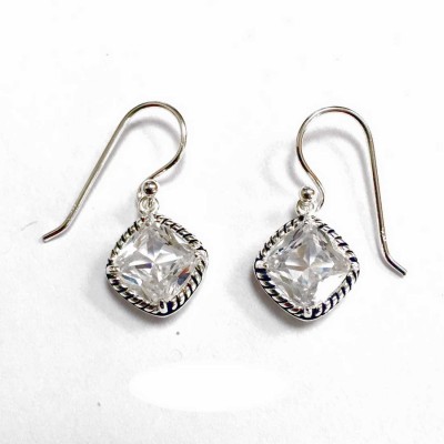 Sterling Silver Earring Dangel Diamond Shape Clear Cubic Zirconia Oxidized