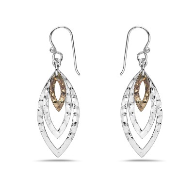 Sterling Silver Earring 2 Tones Gold Tone+Hammered Open Marquis