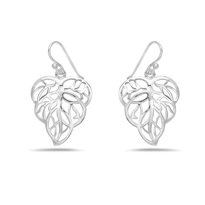 Sterling Silver Earring Dangle Plain Leaf Lien With Veins