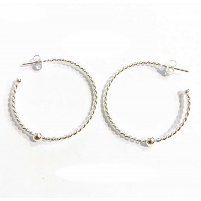 Sterling Silver Earring Hoop 35 Mm Twisted Round Bead Center