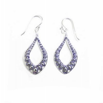 Sterling Silver Earring Dangle Rain Drop Oxidized Oval Pattern