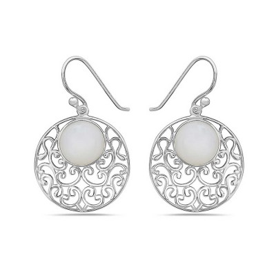 Sterling Silver Earring Round Dangle Mother Of Pearl Filigree