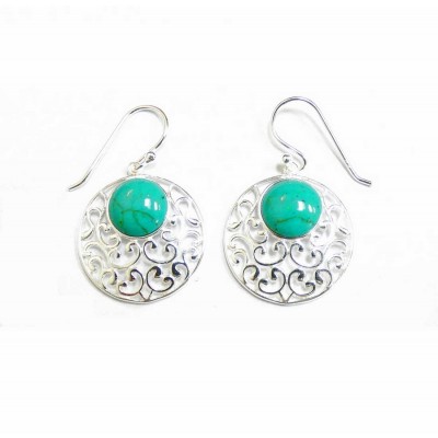 Sterling Silver Earring Round Dangle Reconstituent Turquoise Fi