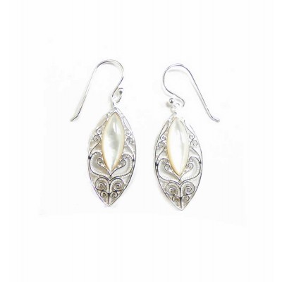 Sterling Silver Earring Dangle Marquis Mother Of Pearl Filigree