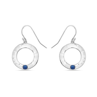 Sterling Silver Earring Circle Hammer Texture Round Lapis Bezel