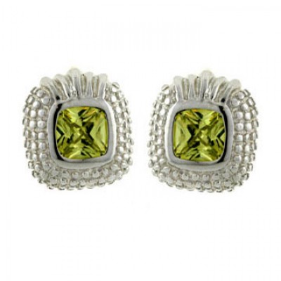 Sterling Silver Earring Square Stud +L. Green Cubic Zirconia
