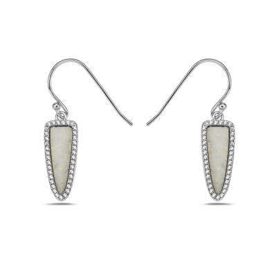 Sterling Silver EARRING DANGLE SHIELD WHITE OPAL WITH Cubic Zirconia AROUND-2S-7285WOPCL