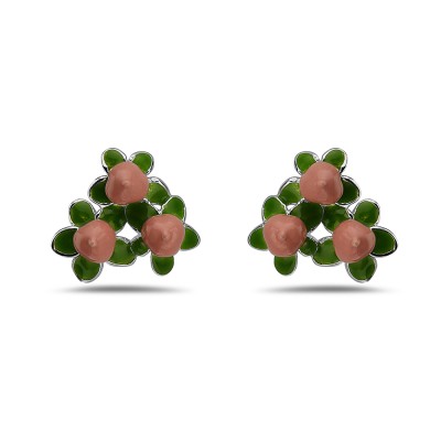 Sterling Silver EARRING PINK HOLLY CLUSTER WITH LEAVES ON EAR-2S-7333PKGR