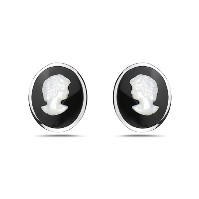 Sterling Silver EARRING OVAL BLACK ONYX MOTHER OF PEARL CAMEO L