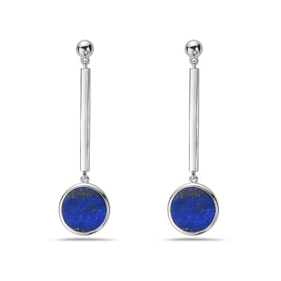 Sterling Silver EARRING LINEAR WITH ROUND DISC OF GENUINE LAPIS