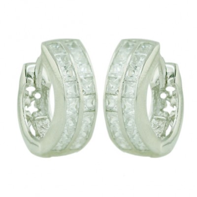 Sterling Silver Earring Huggie Dble Line Clear Cubic Zirconia with Star Filigree--