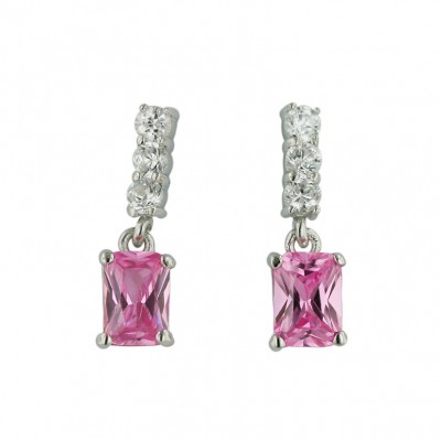 Sterling Silver Earring 3 Pcs Clear Cubic Zirconia 1 Pcs 5X7 Pink Crystal