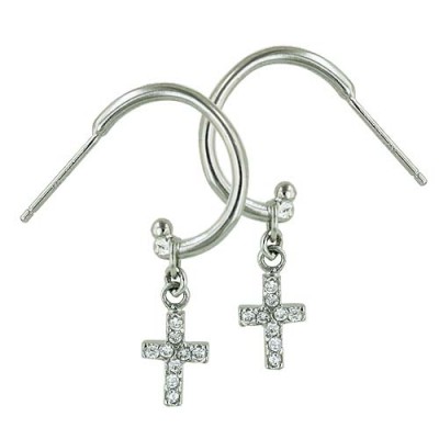 Sterling Silver Earring Hoop with Cross Clear Cubic Zirconia