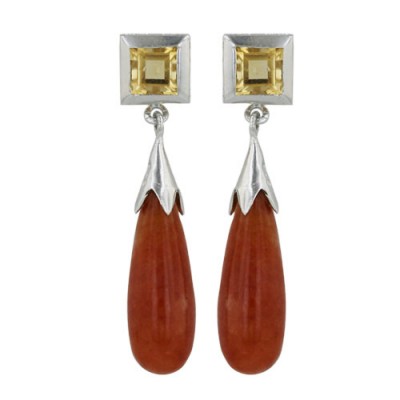 Sterling Silver Earring Tear Drop Red Jade with Gem Citrine