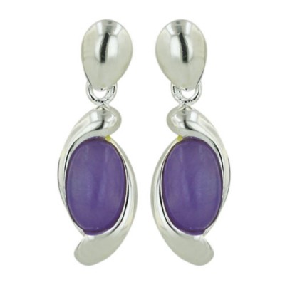 Sterling Silver Earring Dangling. Oval Pruple Jade