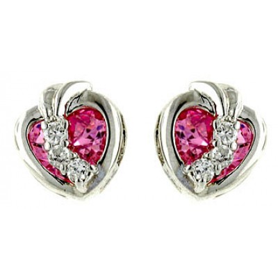 Sterling Silver Earring Stud Heart Pink Cubic Zirconia 3 Pcs on Heart