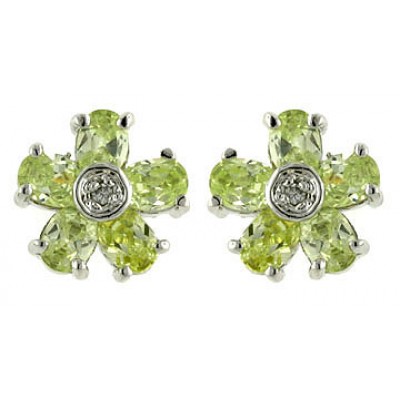 Sterling Silver Earring Post Flower Light Peridot Cubic Zirconia Clear Cubic Zirconia Center