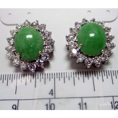 Sterling Silver Earring Oval 12X15mm G. Jade with Clear Cubic Zirconia