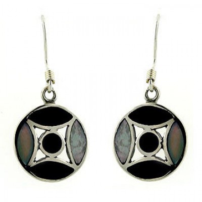Sterling Silver Earring Fish Hoop Mother of Pearl + Onyx