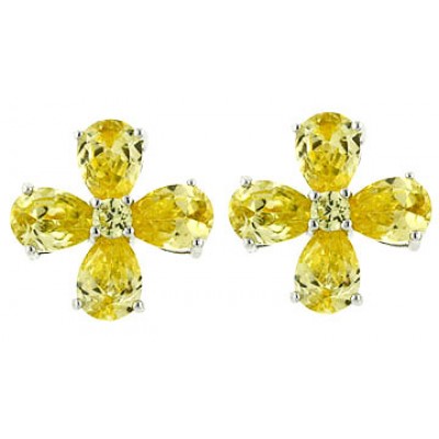 Sterling Silver Earring 4 Petals Citrine Cubic Zirconia 15 mm