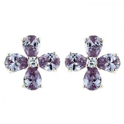 Sterling Silver Earring 4 Petals Lv Cubic Zirconia 15 mm