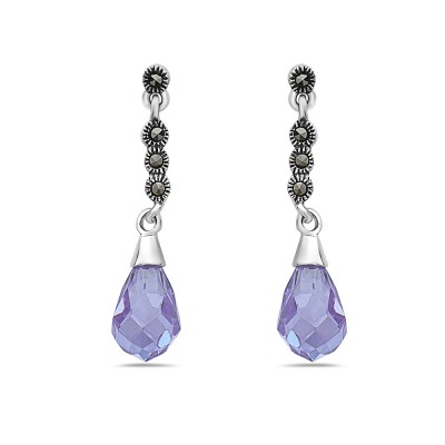 MS EARRING MARCASITE LINEAR BRIOLETTE LAVENDER CZ DROP