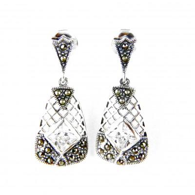 Marcasite EARRING DANGLE TRAPZOID LINE CUTOUT DIAMOND CLE