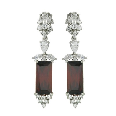 Sterling Silver Earring Rectangle Drop Cubic Zirconia Garnet
