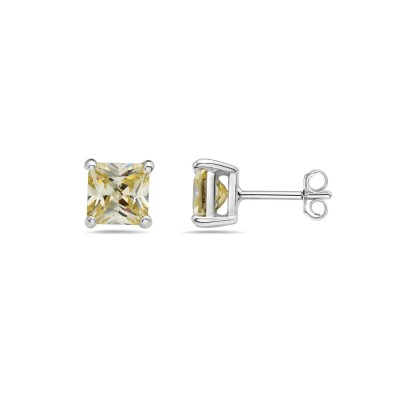 Sterling Silver Earring Canary Yellow Cubic Zirconia Square Princess Cut 7M
