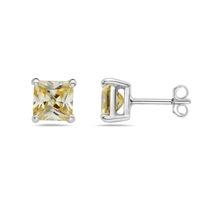 Sterling Silver Earring Canary Yellow Cubic Zirconia Square Princess Cut 7M