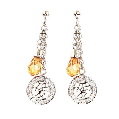 Sterling Silver Earring Champagne Cubic Zirconia Broilette,15mm Round Cubic Zirconia Chinese Char
