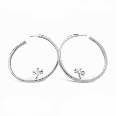 Sterling Silver Earring Inner 38mm Circle Hoop with Small Dragonfly-