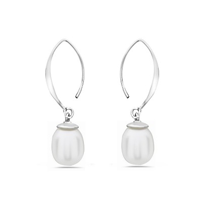 Sterling Silver Earring Small Almond Hook with 8mm White Fresh Water Pearl--Rhodium Plating/Nickle Free